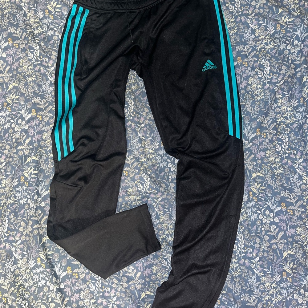 Adidas women’s Black Track Pants with teal Stripes